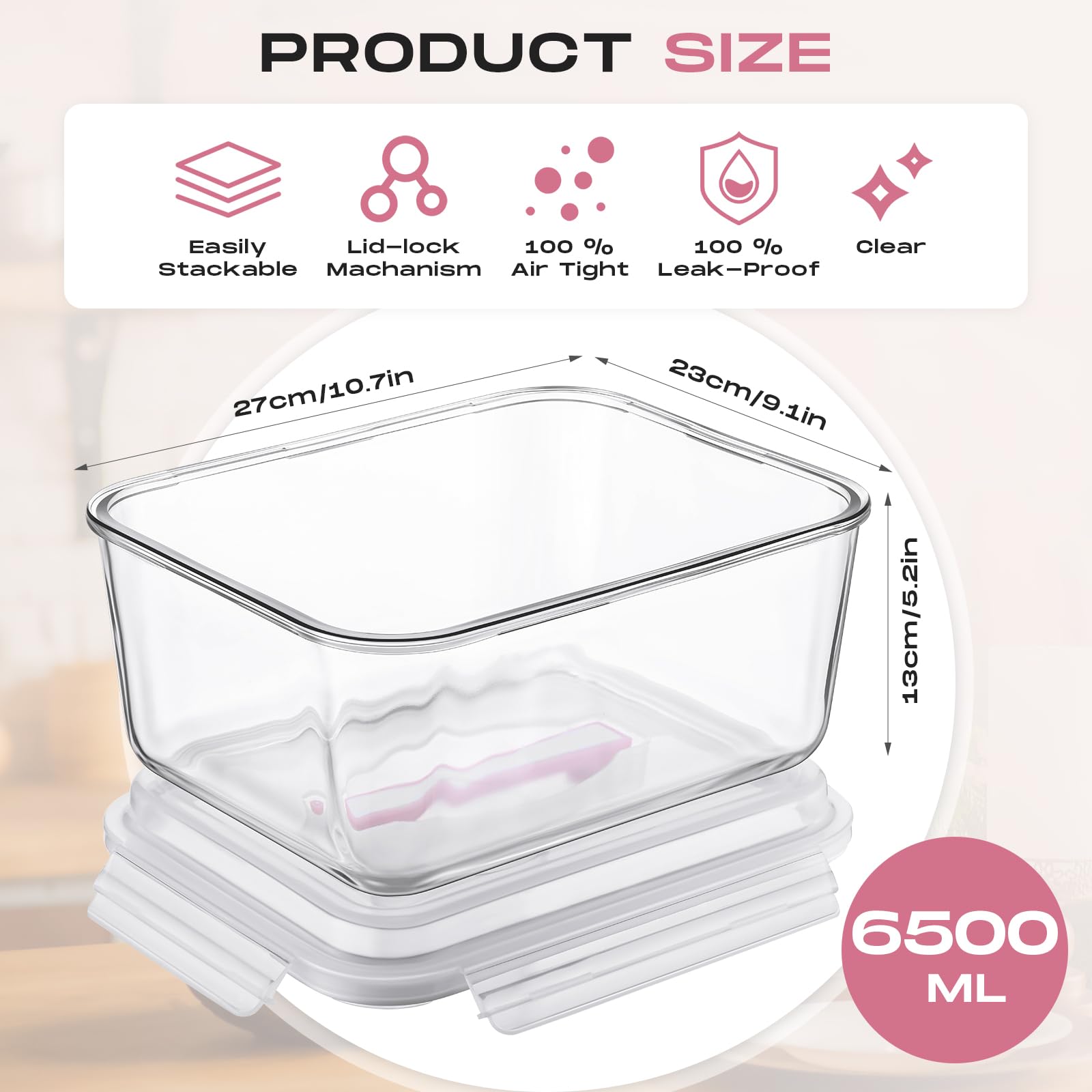 Blushtier 2 recipientes grandes de vidrio para almacenamiento de alimentos con tapa de bloqueo hermético, ideal para almacenar alimentos, verduras, frutas, hornear, lasaña, pavo, transparente