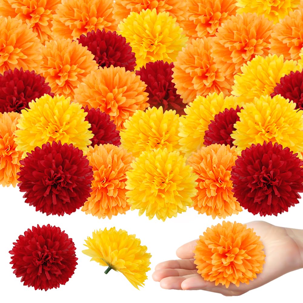 Lot De 30 Têtes De Fleurs De Calendula Artificielles – Couleurs Variées, Avec Tiges – Pour Décoration Dia De Los Muertos, Diwali, Artisanat