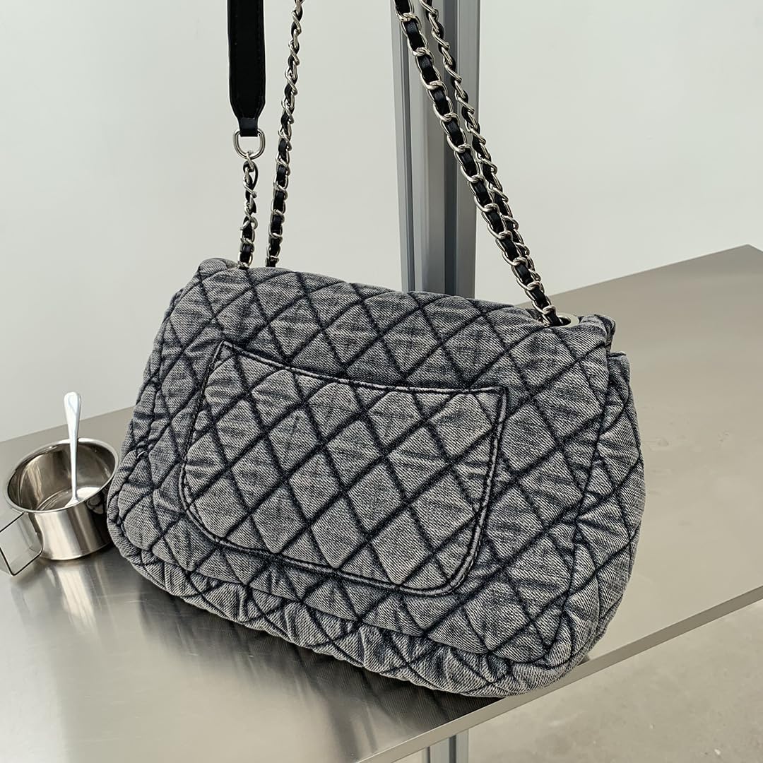 Women's Grey Casual Diamond Checker Denim Retro Fashion One Shoulder Handbag - Image 5