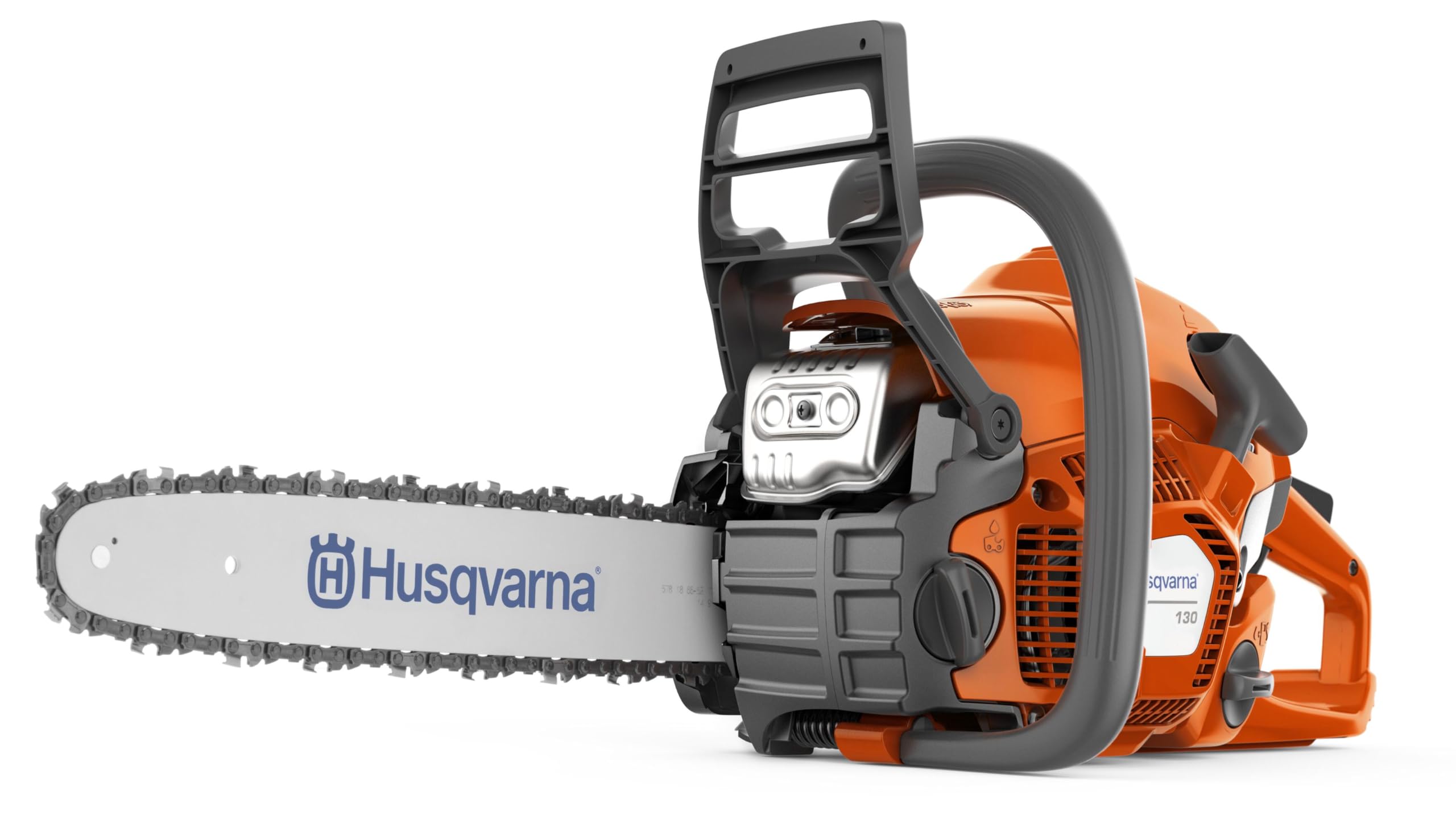 Husqvarna 130 : Tronçonneuse thermique 38 cm³ X-Torq®, guide-chaîne 35 cm, LowVib®. Idéale pour l’entretien du jardin et la coupe de bois de chauffage.