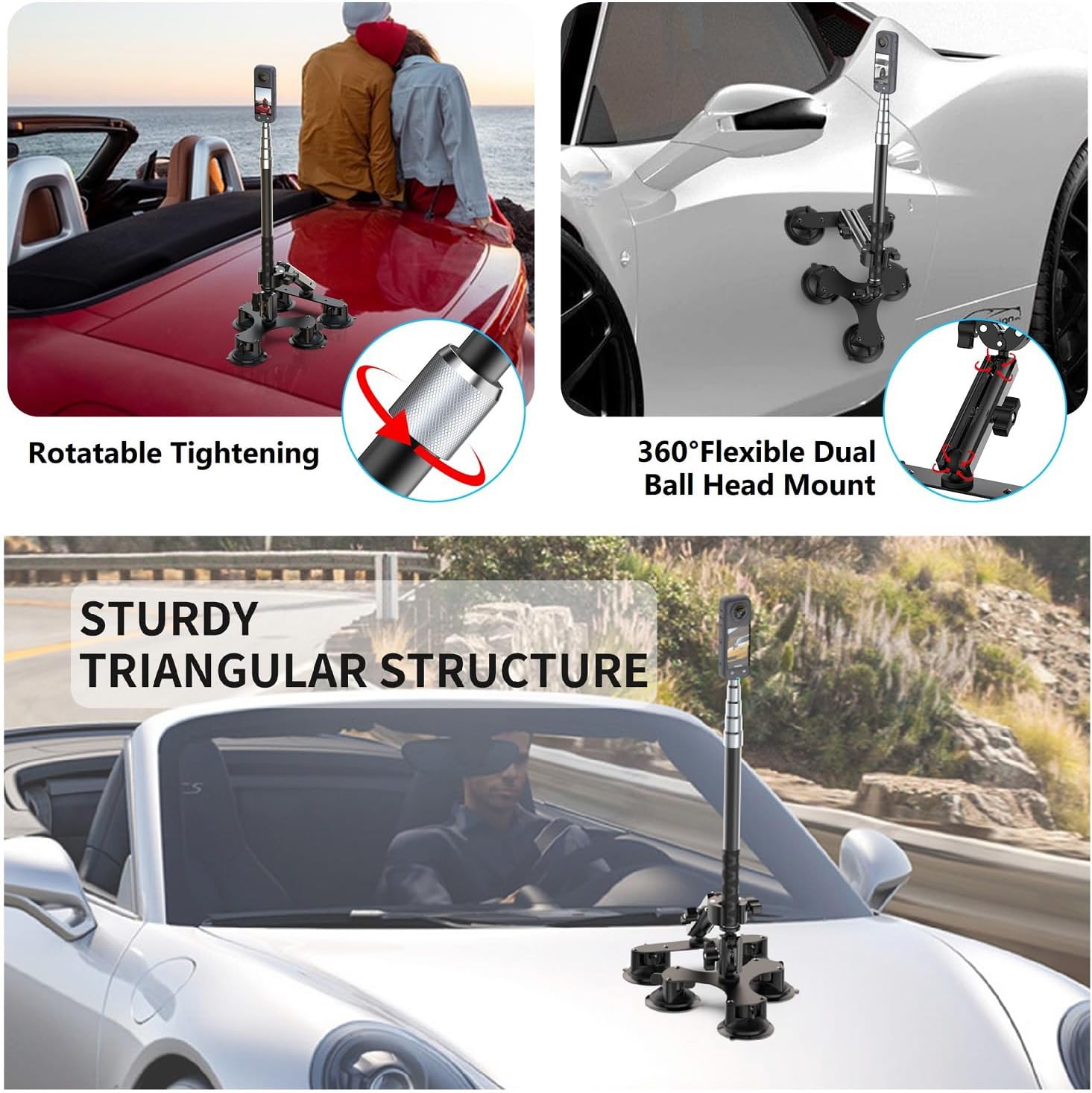 Suction Car Mount for Insta360 X5/X4/X3/X2/GO 3/ONE/RS & GoPro Max with 59" Lockable Selfie Stick - 5 Suction Cup Camera Mount for 360° Action Vlogging, DSLR and Sports Cameras (Indoor Outdoor Use)