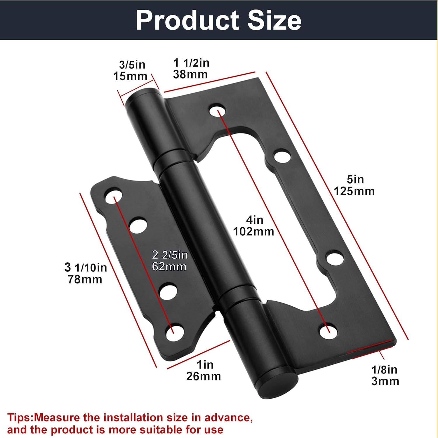 Non-Mortise Door Hinges,5 Inch-304 Stainless Steel,Heavy Duty Door Hinges with 220lbs Load Capacity (4 Pack),Smooth Rotation Wtih Bearing for Interior/Exterior Doors,Black Hinges
