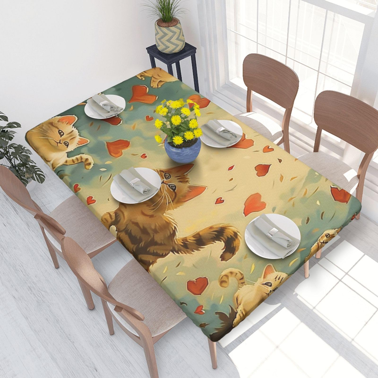 WPKJU Happy Walking Kitty Printed Tablecloths 4ft Rectangular Table Covers Washable Polyester Decorative Table Cloth for Dining Table Picnic Wedding