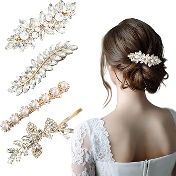 4 pcs sparkling rhinestone hair clips, gold hair accessories, elegant barrettes for bridal, wedding, party, everyday wear (gold)