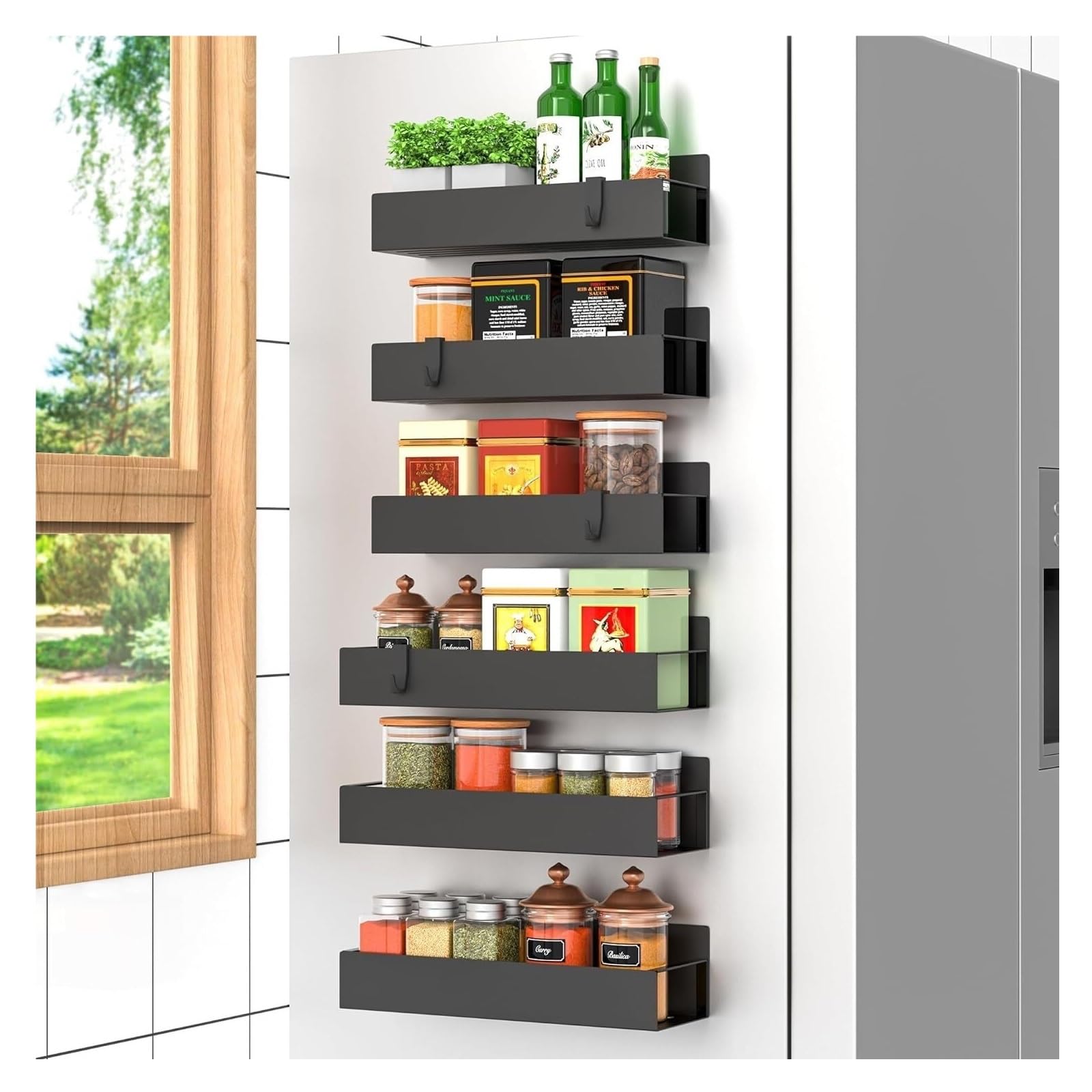 Especiero Estantería de Especias Portaespecias Paquete De 6 Estantes Magnéticos Para Especias, Organizador De Especias De Montaje En Pared De Acero Al Carbono Para Refrigerador Y Horno, Estante De Alm