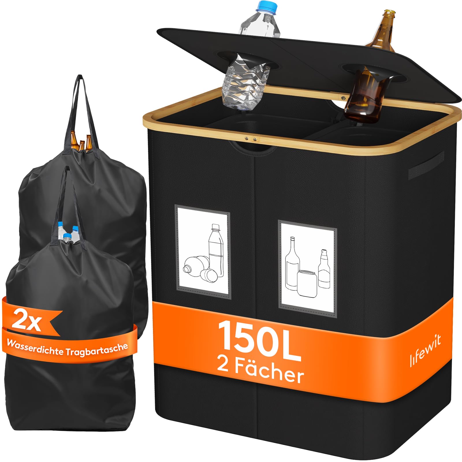 Lifewit 150L Pfandflaschen Sammelbehälter, Flaschen Organizer mit Deckel, Flaschensammler Leergut 2 Fächer, Pfandflaschen Aufbewahrung, Pfandflaschen Behälter für Kunststoff, Glasflaschen, Schwarz