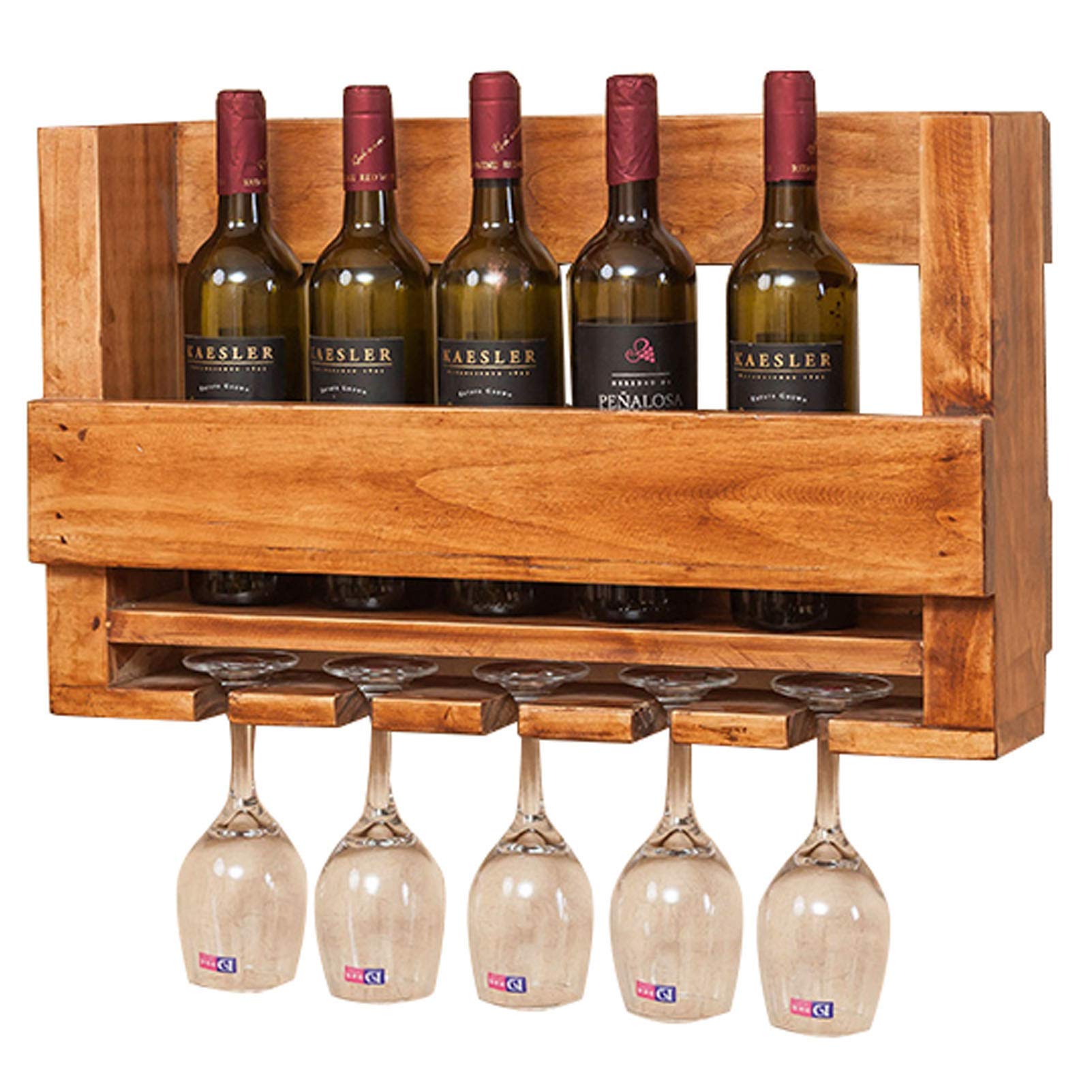 Support à vin mural en bois véritable pour 7 bouteilles et verres
