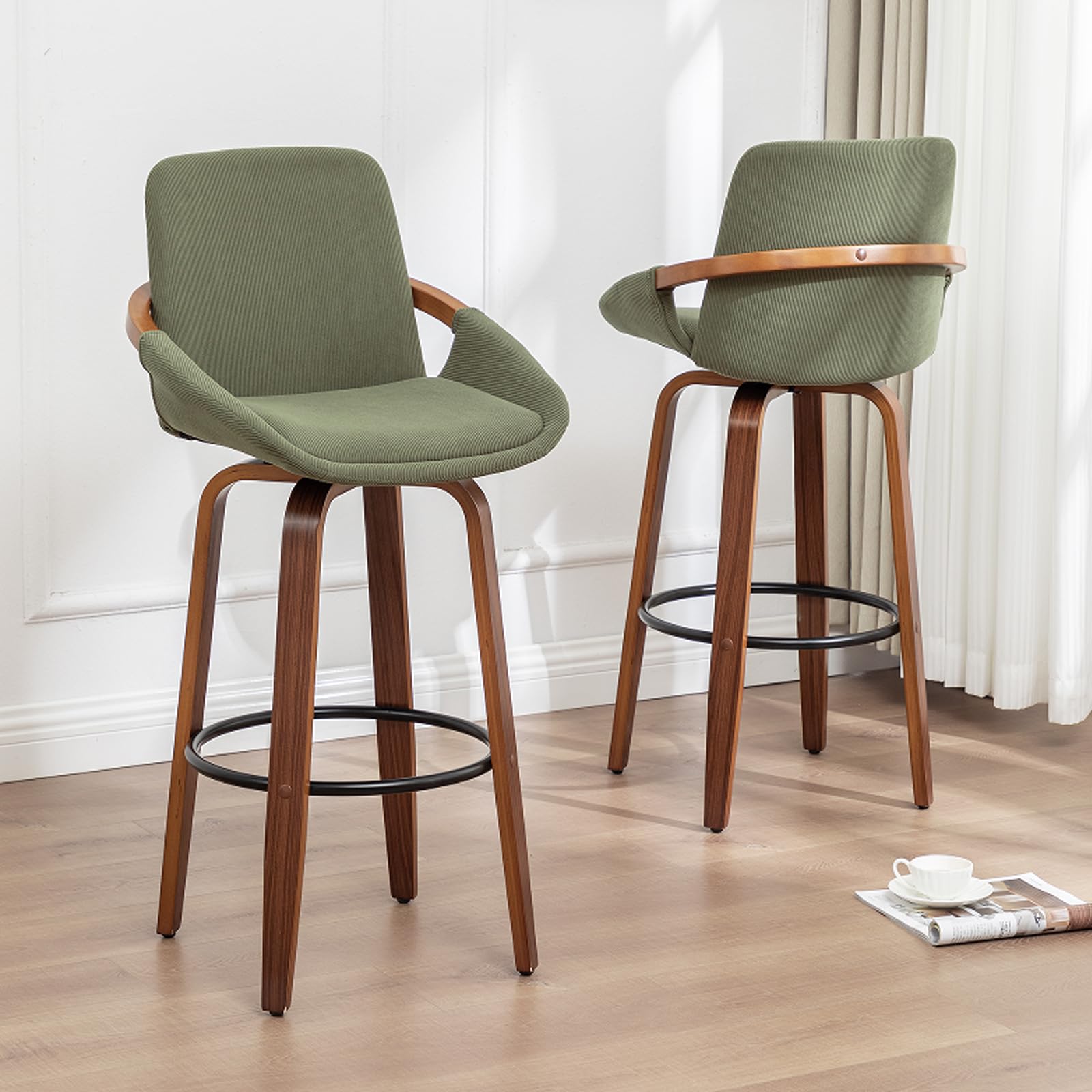 LUNLING 29.5" Bar Height Barstools Set of 2,Mid Century Modern Retro Bar Chairs Green Corduroy Fabric Upholstered and Walnut Wood Frame for Home Bar