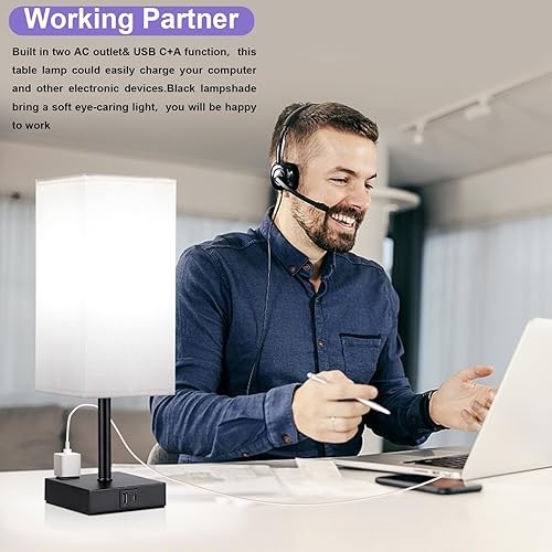 Miniatura 6 de Lámpara negra para dormitorio, lámpara táctil con salidas USB-C+A y CA, mesita de noche cuadrada de 3 vías para niños, habitación de invitados, sala