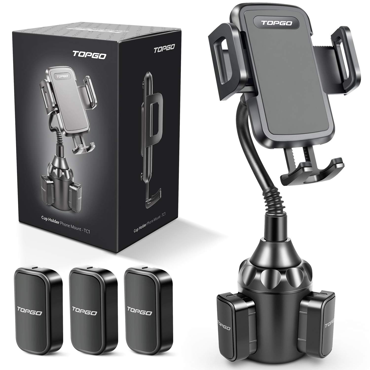 TOPGO Cup Holder Phone Mount, [Upgraded Adjustable Gooseneck & Firmly Stable] Cup Holder Phone Holder for Car, Cell Phone Automobile Cradles for iPhone 14, Samsung and More Smartphone(Black)