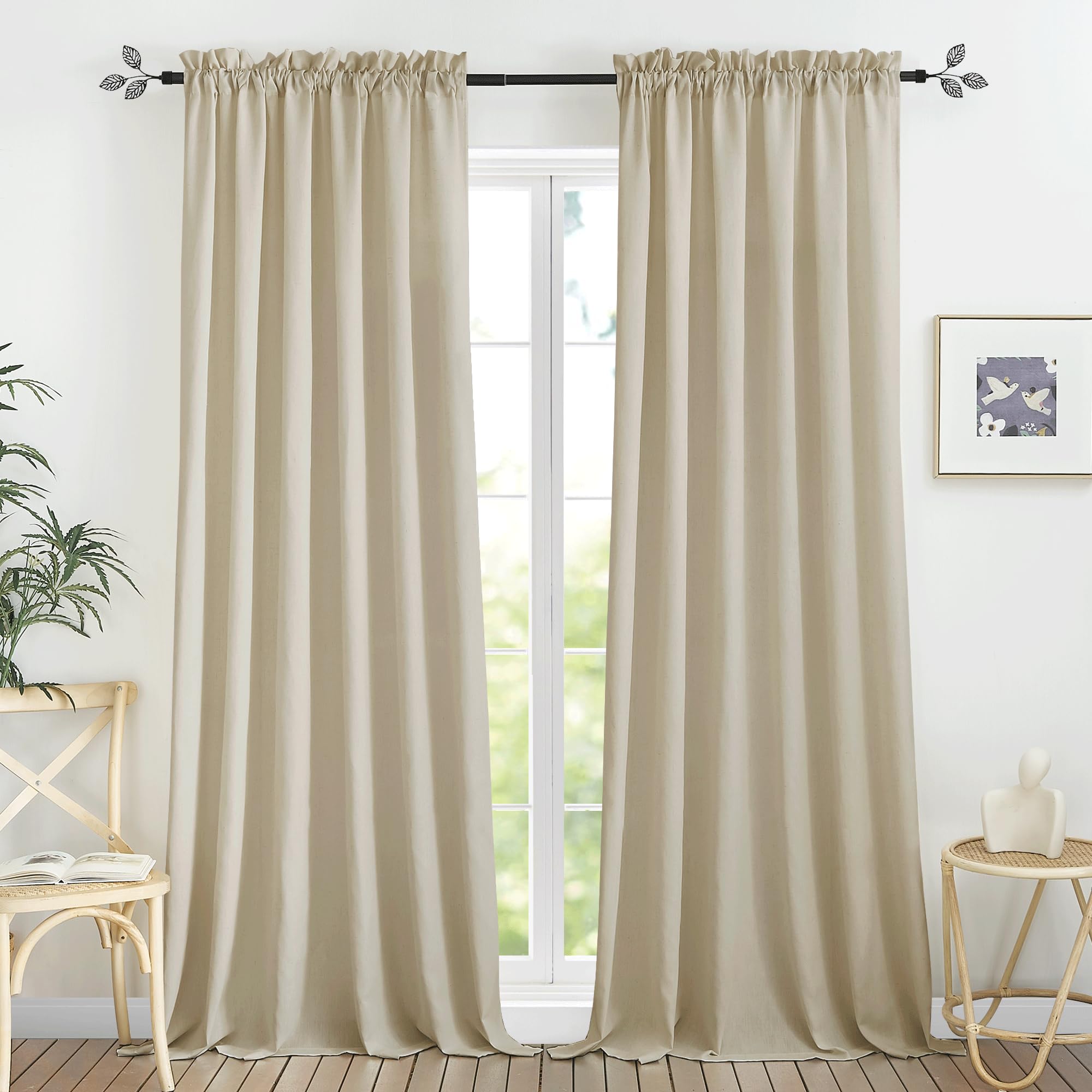 Rideaux transparents en lin de style rustique kaki 177 x 241 cm pour salon