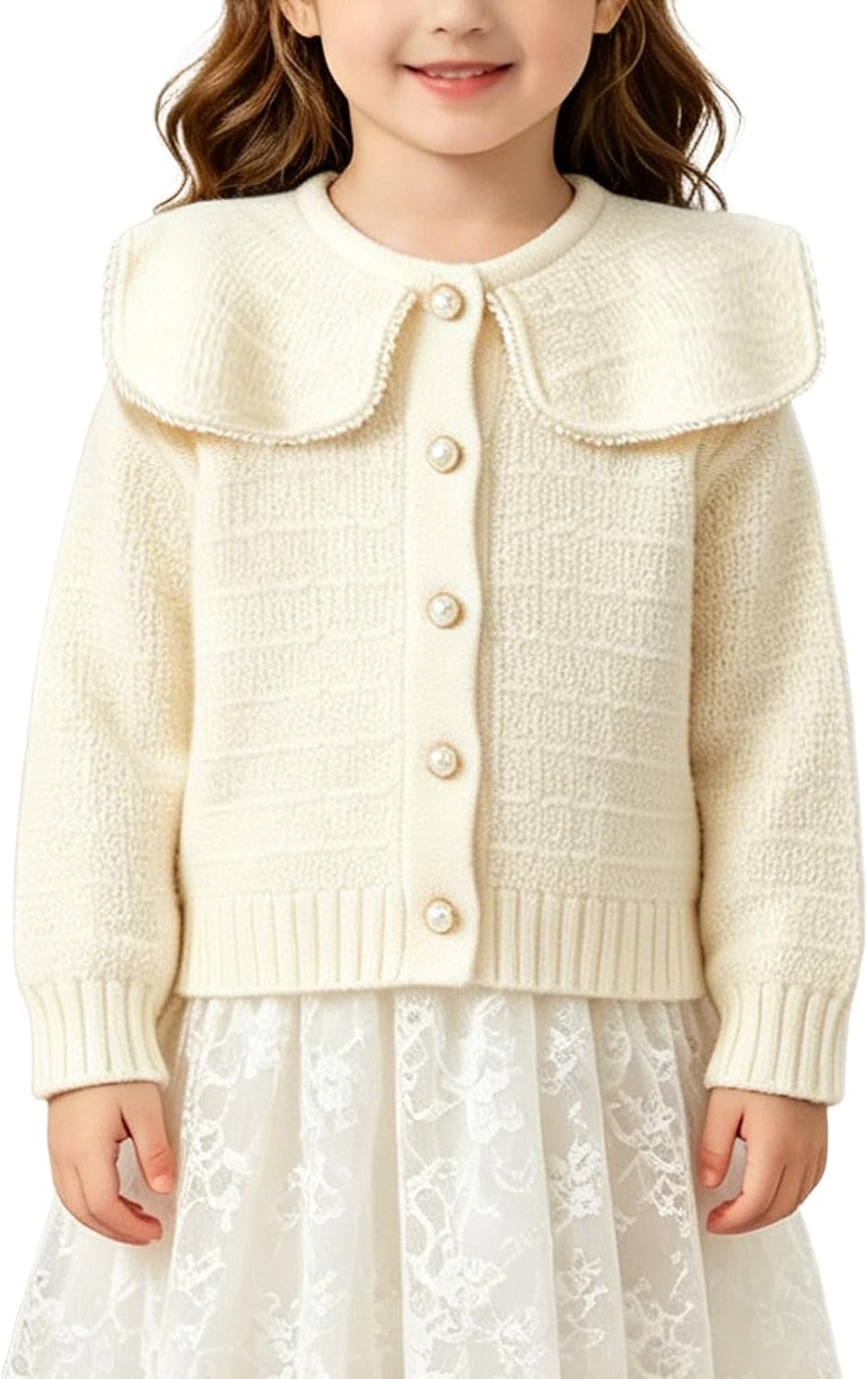 Girls Cardigan Sweater Cute Pearl Trim Button Down Knit Sweaters Crew Neck Open Front Long Sleeve Knitted Coat Teen