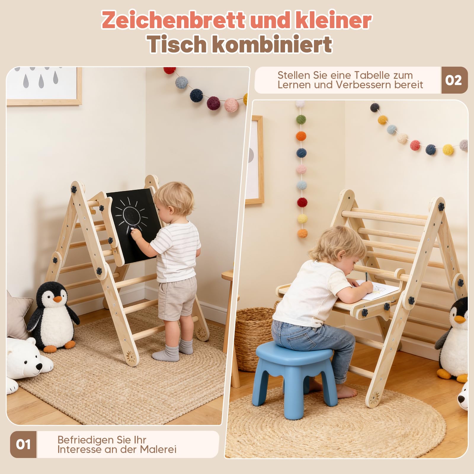 Montessori Indoor Spielset, 8-in-1 Verformbares Kletterdreieck ab 1 Jahr, Multifunktional klettergerüst Indoor mit Kletterbogen mit Kissen, Rutsche, Reißbrett, Spielplatz aus Natur Holz