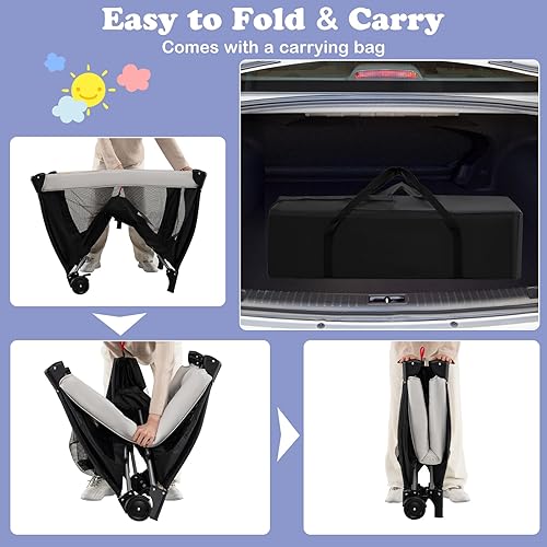 Miniatura 8 de INFANS 3 en 1 Pack and Play, cuna portátil de viaje para bebé con colchón desmontable, cambiador para recién nacidos, corralito plegable con bolsa