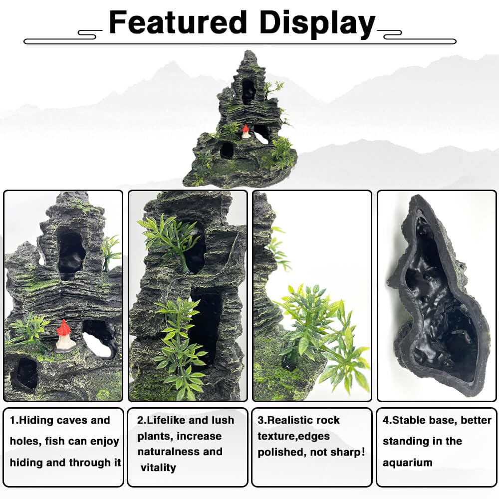Decoraciones de acuario grandes y altas, decoraciones de acuario grandes para decoraciones de peceras, adornos de pecera, adornos de piedra con vista a la montaña, adorno de árbol, cueva de