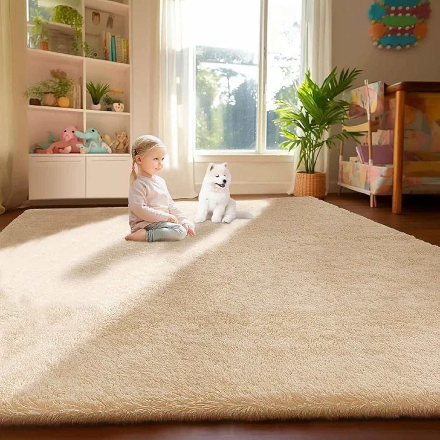 Experience Ultimate Softness with 5x7 feet Skin Beige Fluffy shag Carpet Thick 2-inch Plush fibers, Soft Luxurious Pile, Anti-Slip Backing, Nursery, Living Room, Indoor Modern Home décor, Cozy Luxury-image-9