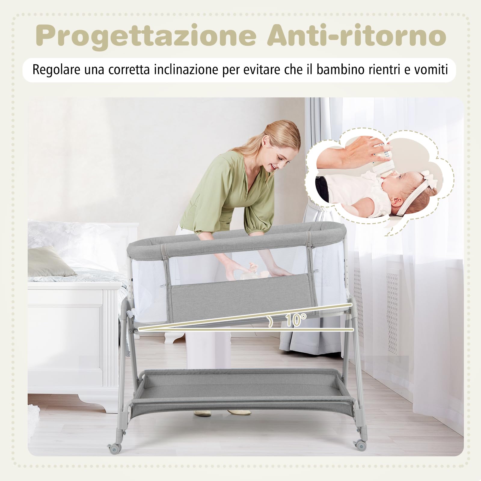 COSTWAY Lettino per Neonati, Culla Portatile Pieghevole con Ripiano Portaoggetti, 7 Altezze Regolabili, Materasso e Borsa per Trasporto (Grigio)