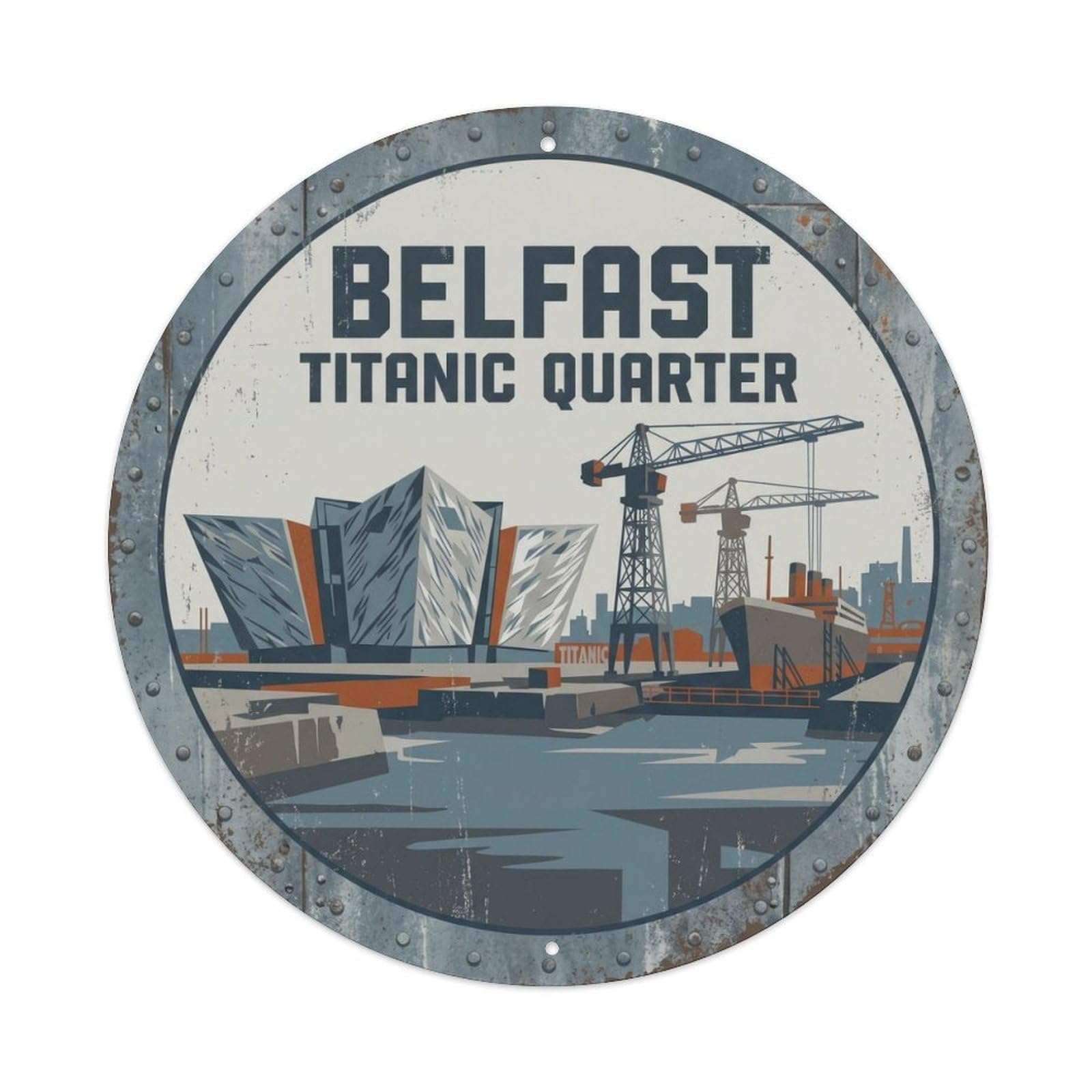 Fqcyn Style Vintage Travel Belfast Titanic Quarter Metal Tin Sign Plaque Wall Decor For Cafe, Club Bar, Office, Home Garden Round Metal Poster 8X8inch
