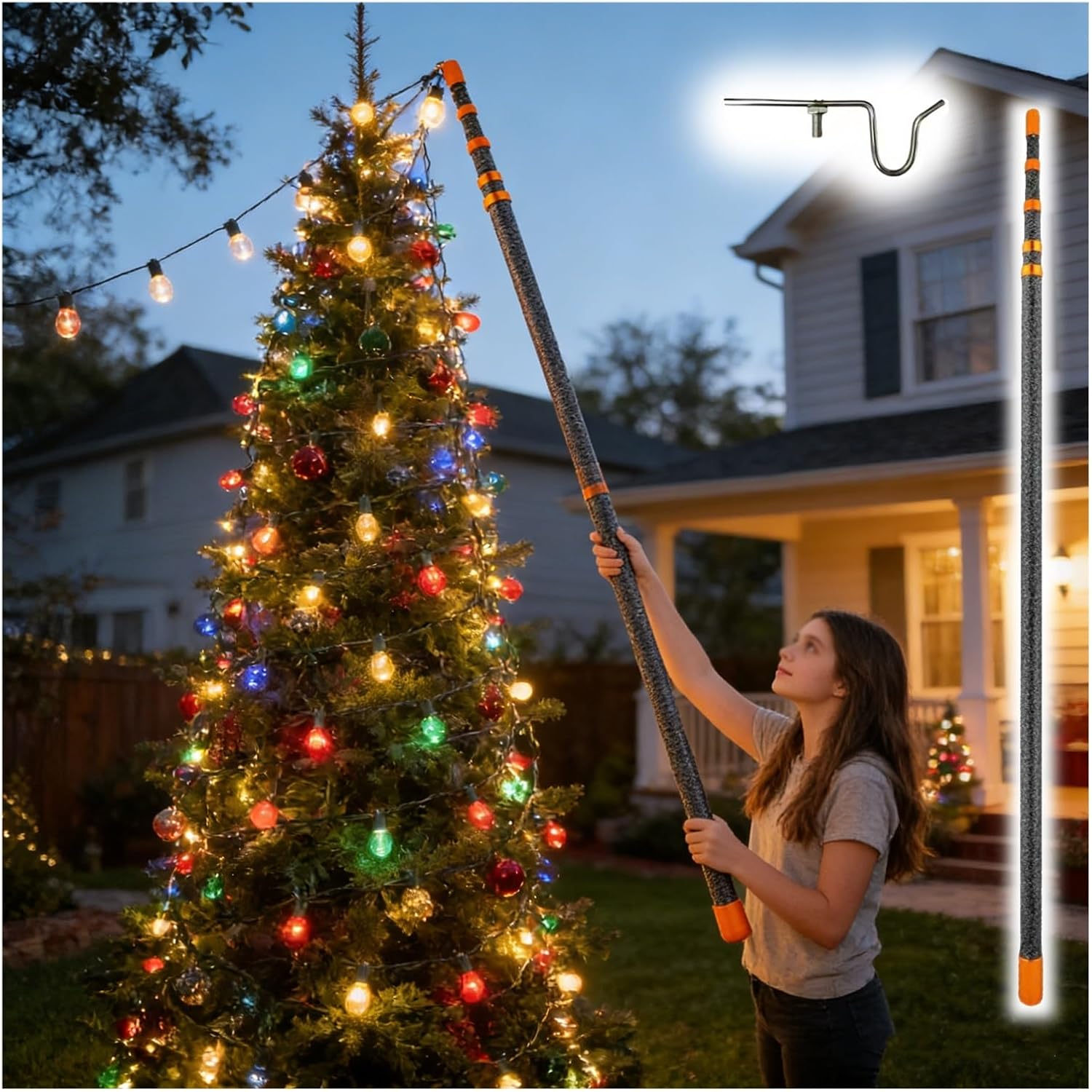45KV High-Voltage Insulated Operating Pole Foldable, 79-354in Retractable Christmas Light Hanger Pole, Fiberglass Telescopic Pole for Electrical Work(F Head,7m/23 ft (Longest))