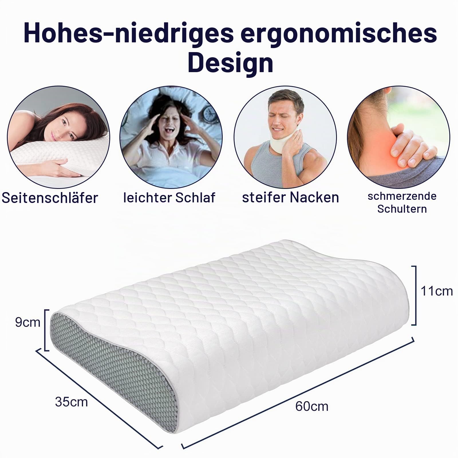 Fityou Ergonomisches Schlafkissen, Memory Foam Kopfkissen, nackenstützkissen, Höhenverstellbar, waschbarer Kissenbezug(60x35x9/11cm)