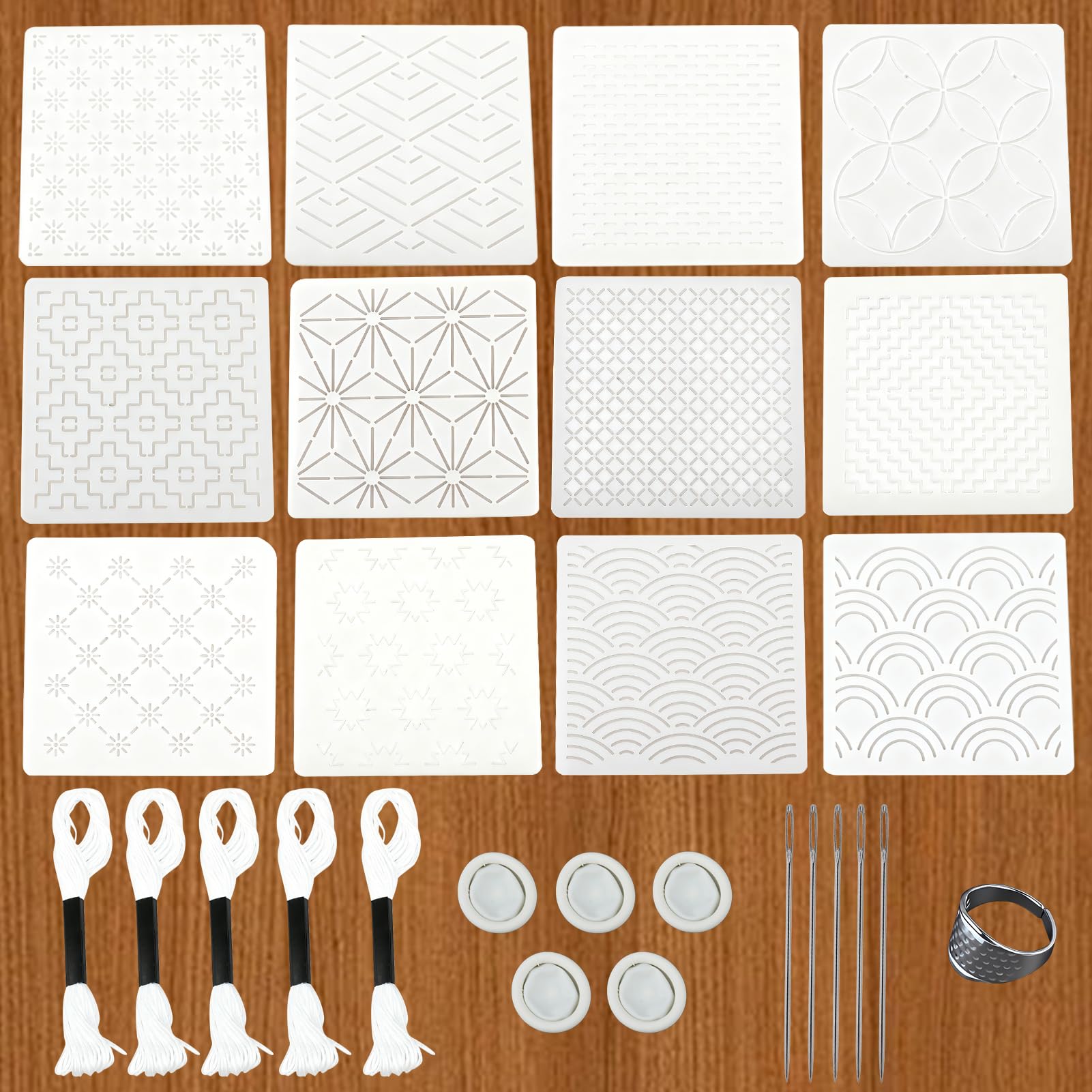 28pcs Plastic Sashiko Stencil Kit, 4.7 X 4.7 Inch Sashiko Templates for Geometric Patterns Embroidery Tool Drawing Line Quilting Stencils for Hand Quilting Sewing Embroidery Clothing Fabrics