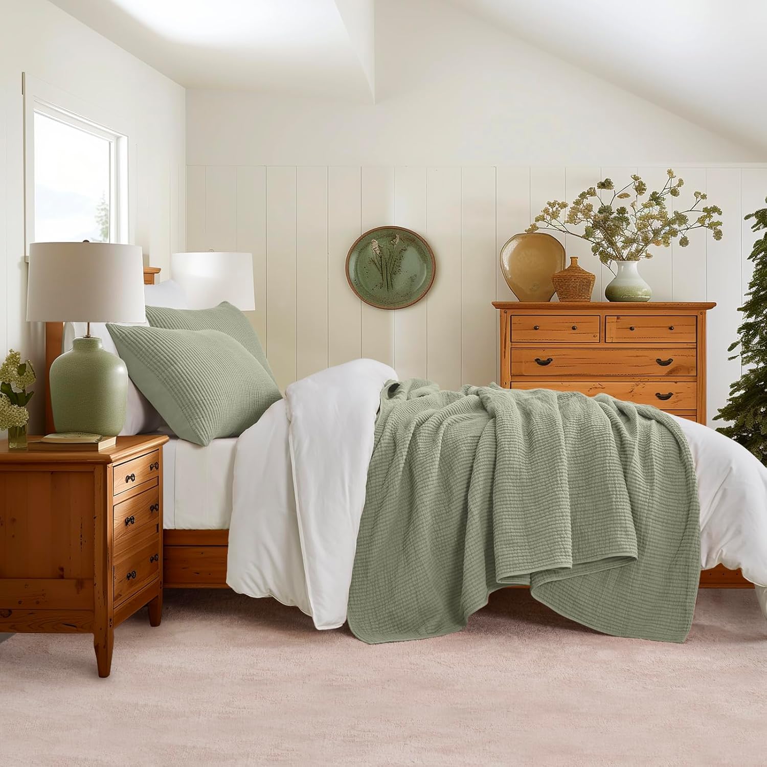 EVERGRACEHOME Cotton Coverlet Set Full Queen Size 3 Pieces, Lightweight Soft Ribbed Matelassé Bedspread Quilt Set, Oversized Quilted Bedding Set with 2 Pillow Shams for All Seasons, Light Sage Green - Image 2