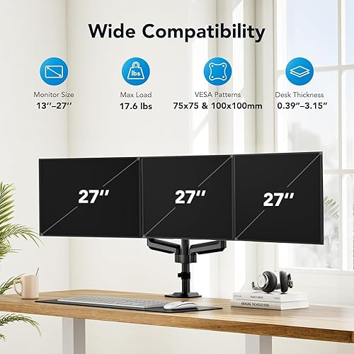 Miniatura 2 de HUANUO Soporte de monitor triple para pantallas de computadora de 13 a 27 pulgadas, soporte de escritorio para 3 monitores con brazo con capacidad