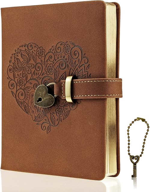 Mazeran Lock Journal, Heart Shaped Locking Leather Floral Embossing Hard Cover Gold Gild Edge Notebook Travel Diary, B6 Lined Lock with Key Personal Planner Organizer Gift for Girls Women Wife, Brown