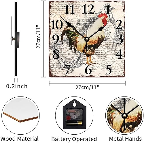 Miniatura 2 de Reloj de pared de madera de 10 pulgadas sin tictac, silencioso, oxidado, de granja, gallo y pollo, cuadrado, reloj de pared clásico de estilo