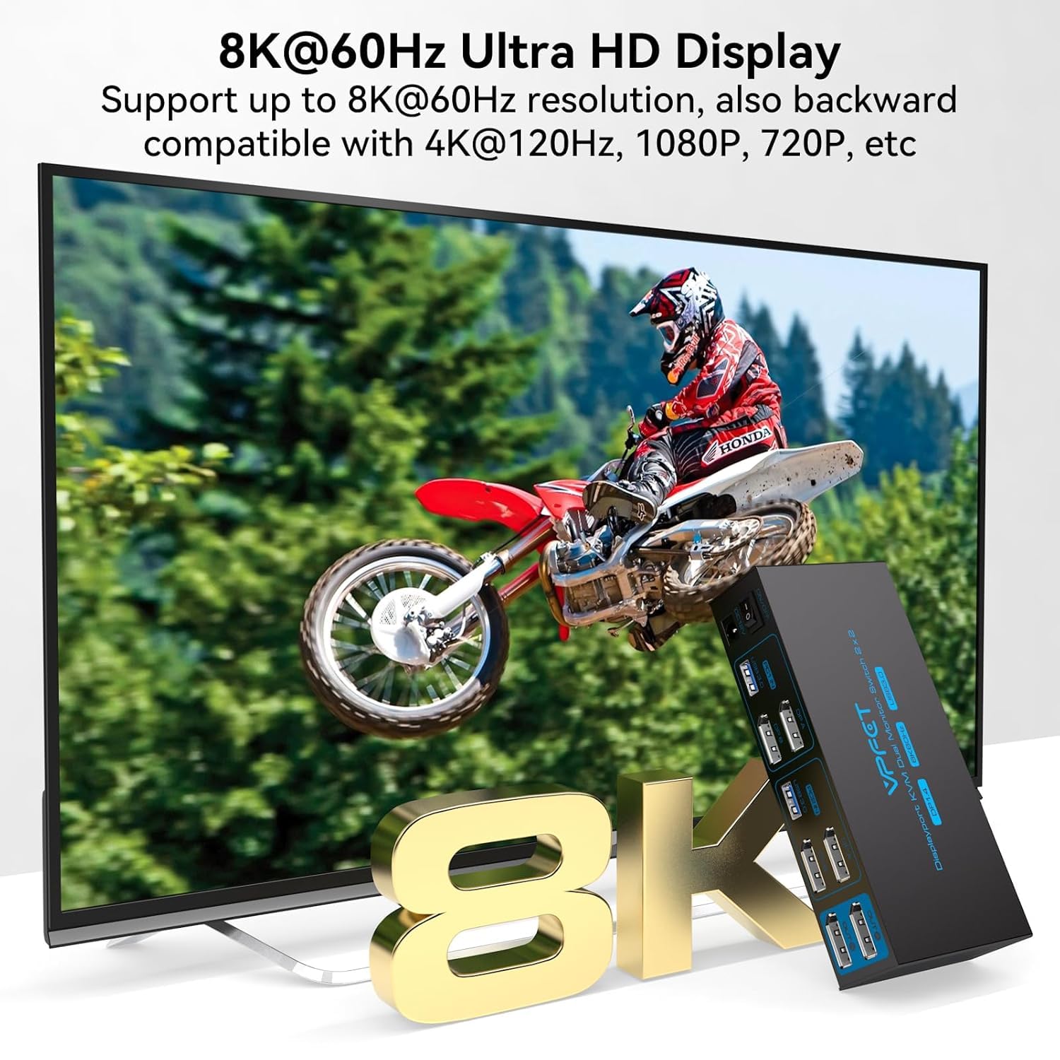 VPFET Switch KVM Displayport 8K@60Hz 2 monitor 2 computer USB 3.0 KVM Switch per 2 computer Condividi monitor doppi e 4 dispositivi USB Supporto 4K @120Hz DP 1.4 con kit esterno e adattatore 12V DC