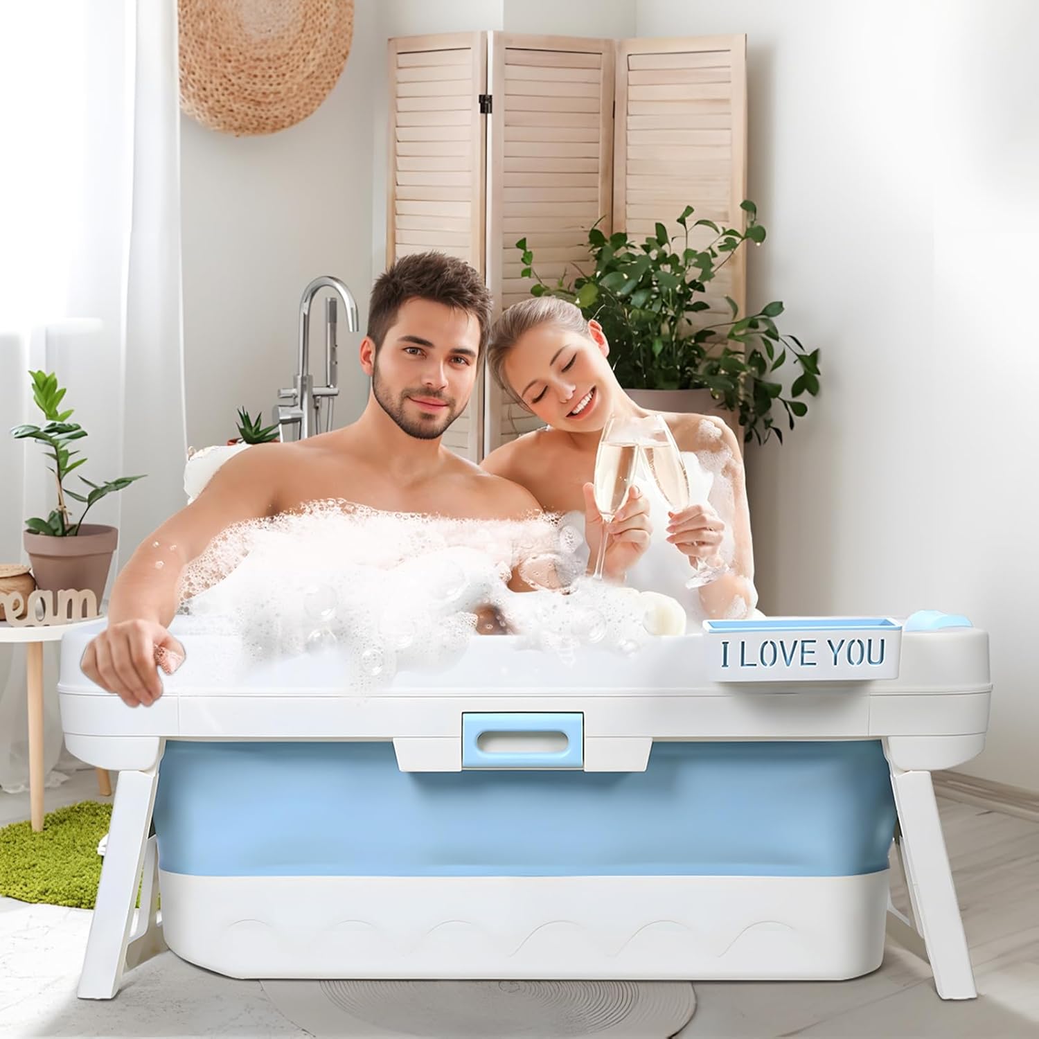 Portable Foldable Bathtub,Foldable Soaking Bathtub for Adults, Freestanding Bathtubs, Hot Bath Tub, Ice Bath, Family Bathroom SPA Tub 51x24x21inch (Panda)(Blue) Blue