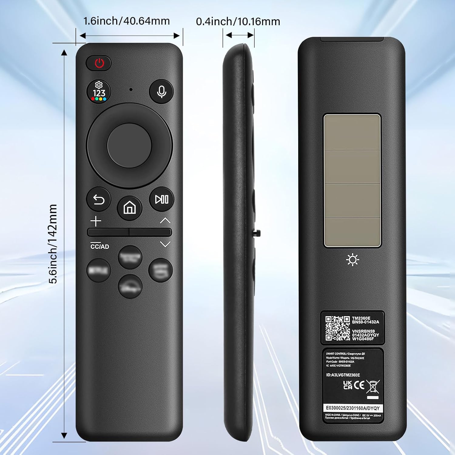 Diagram showing the dimensions of the remote control: 5.6 inches length, 1.6 inches width, 0.4 inches thickness