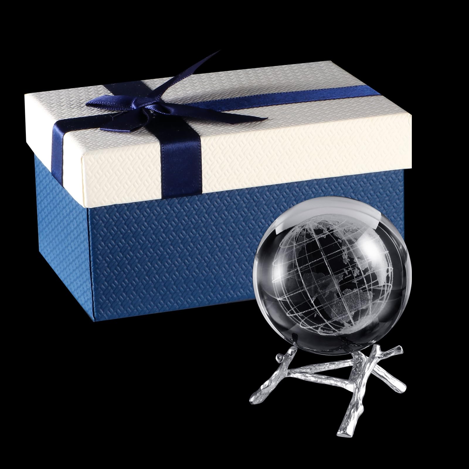 LAOJU Crystal Ball 3D Engraved World Crystal Ball Glass Paperweight Clear Earth Decorative Ball with Metal Stand for Home Bedroom Table Decor,6CM