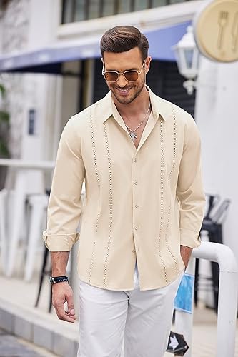 Vista 4 de COOFANDY Camisa de guayabera cubana para hombre, camisas casuales con botones, camisas de lino de playa de manga larga