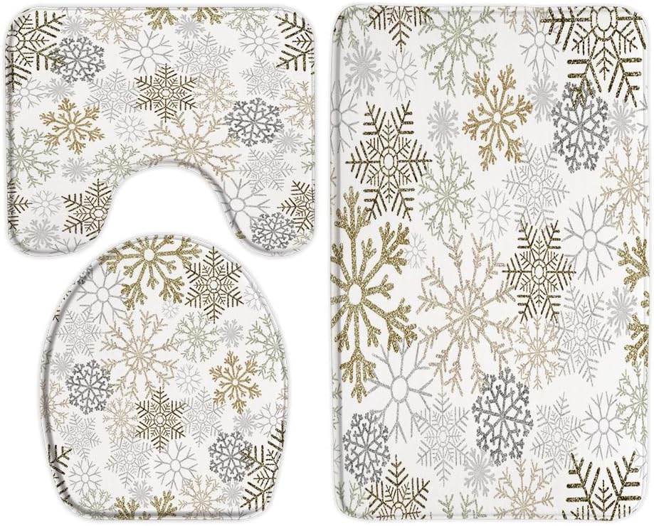 Gold Snowflake Bath Mat 3 Piece Winter White Gray Snow Scene Merry Christmas Snowflakes Xmas New Year Holiday Bathroom Rug Set Tub Toilet Mats and U-Shaped Mat