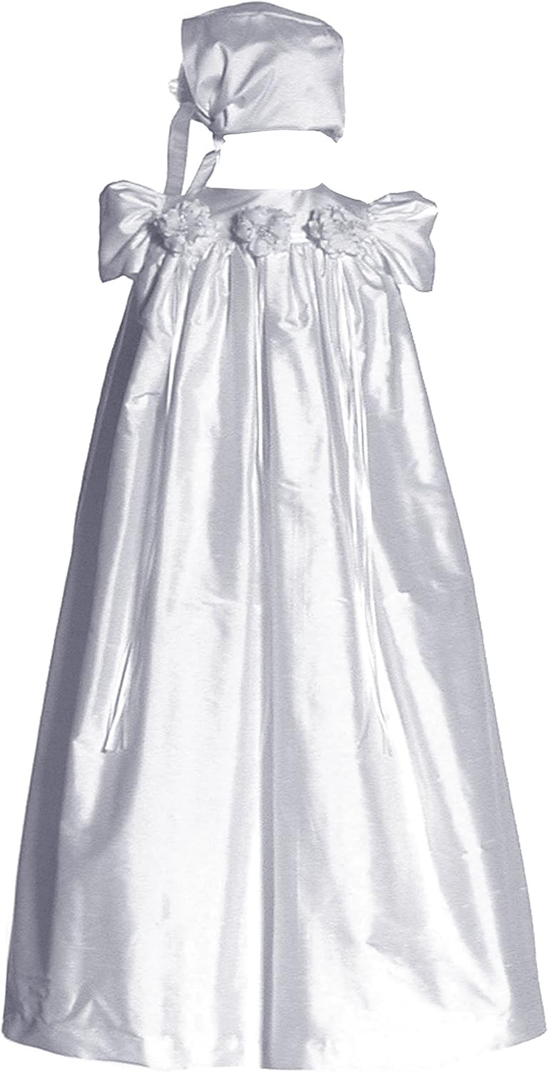 Short Sleeve Silk Dupioni Christening Gown #C34 White