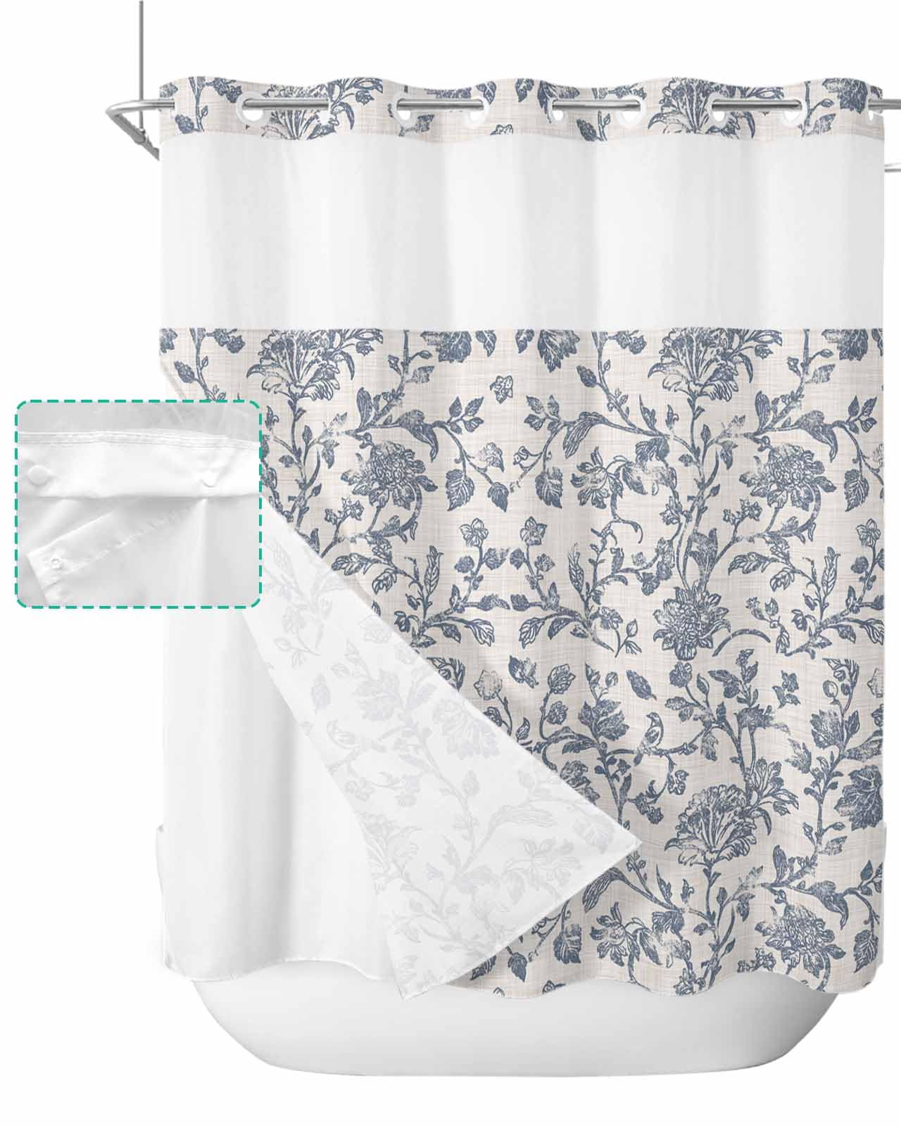 Boho Floral Blue No Hook Shower Curtain with Snap in Liner Waterproof Fabric Shower Curtain Set for Bathroom Spring Farmhouse Flower Textured Beige on