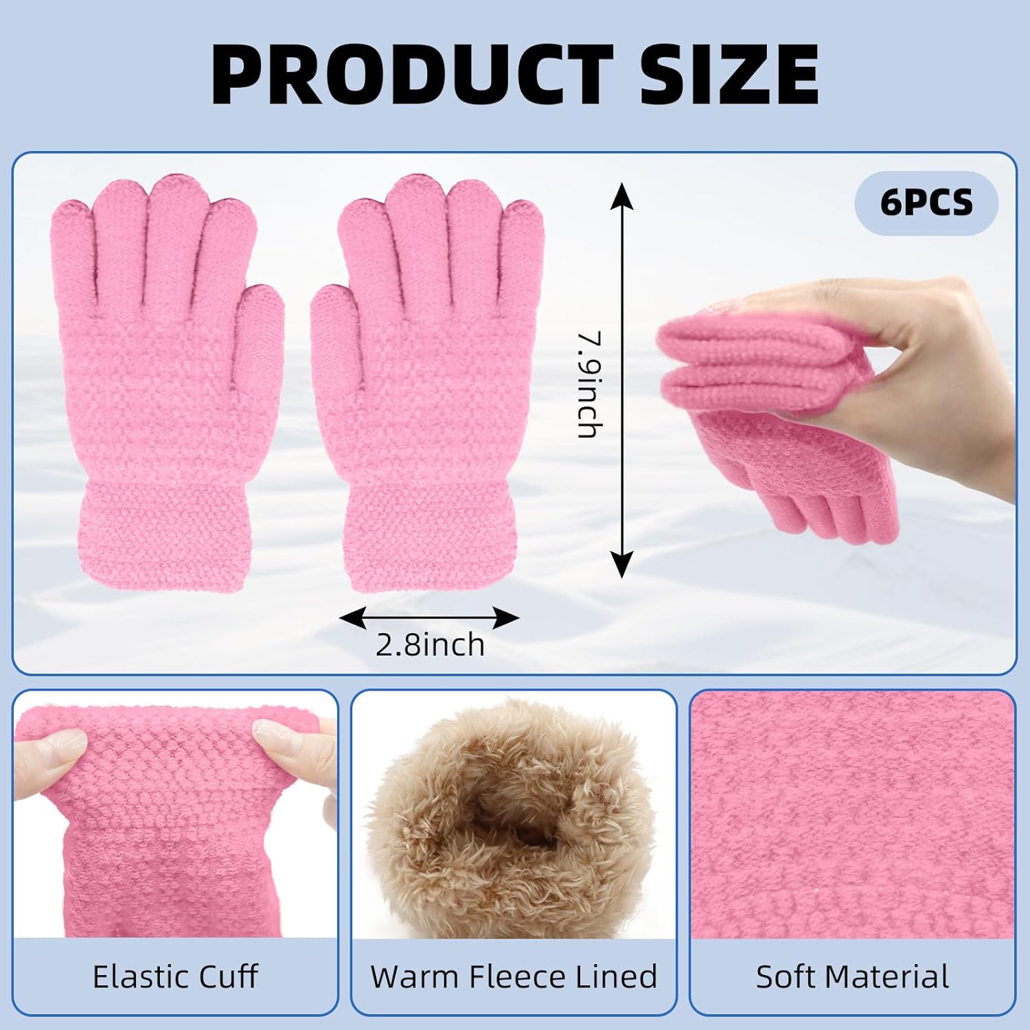 6 Pairs Winter Gloves Kids Stretchy Warm Knitted Gloves Wool Fleece Lined Mittens for for Girls Boys Cold Weather 5-10 Years (Multicolor) - Image 2