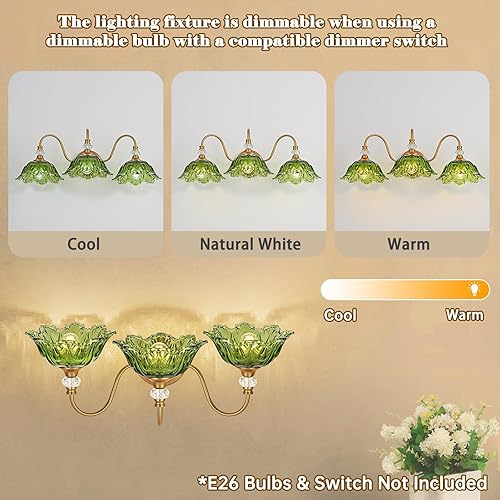 Miniatura 4 de Vintage Bathroom Vanity Light, 3-Light Matte Brass Finish Vanity Light with Floral Green Glass Shades, Retro Wall Sconce for Bathroom, Dressing Table