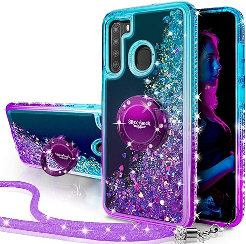 Silverback Funda para Galaxy A21, funda con purpurina holográfica líquida en movimiento con soporte, anillo de diamantes de imitación para niñas y