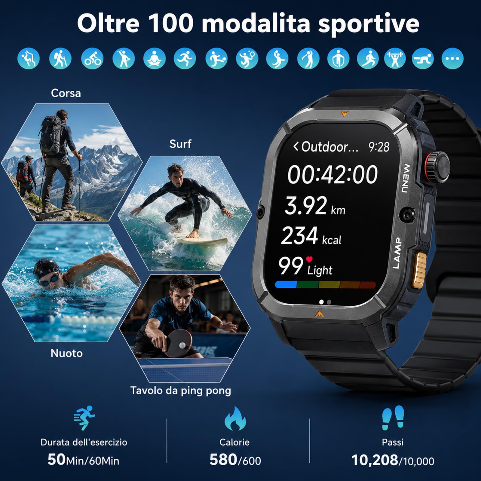 AGM Legion 3 Ultra Smartwatch Uomo,100+ modalità sportive,torcia | Corpo robusto in metallo completo,Display AMOLED da 1.95 pollici,Impermeabile 5ATM,Chiamate Bluetooth,