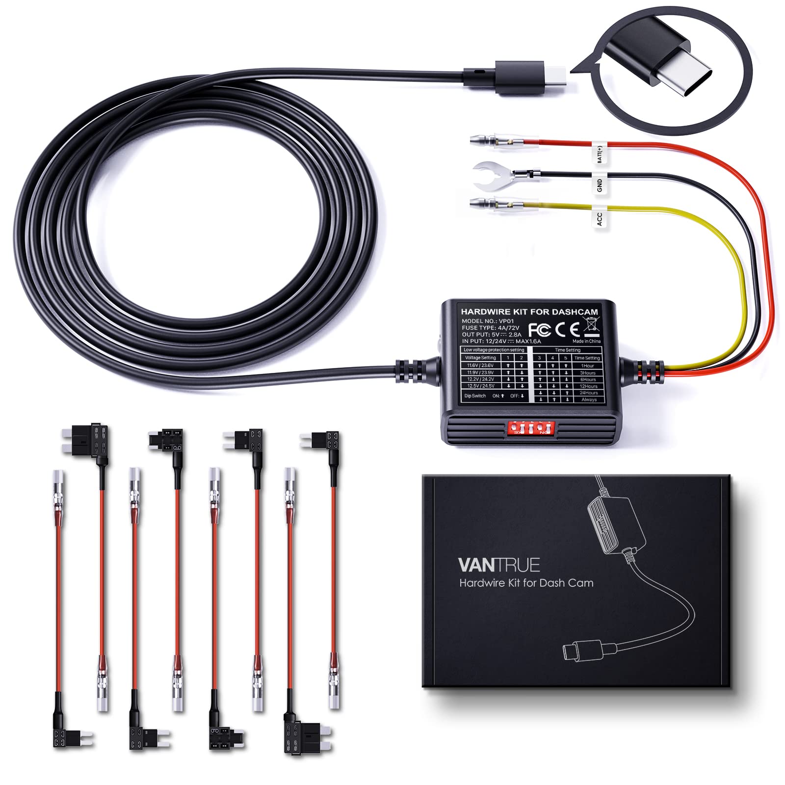 Kit Cavo Hardwire Universale Per Dash Cam 12V-24V A 5V/3A USB-C - 3,5 Metri Con Protezione Bassa Tensione E Fusibile