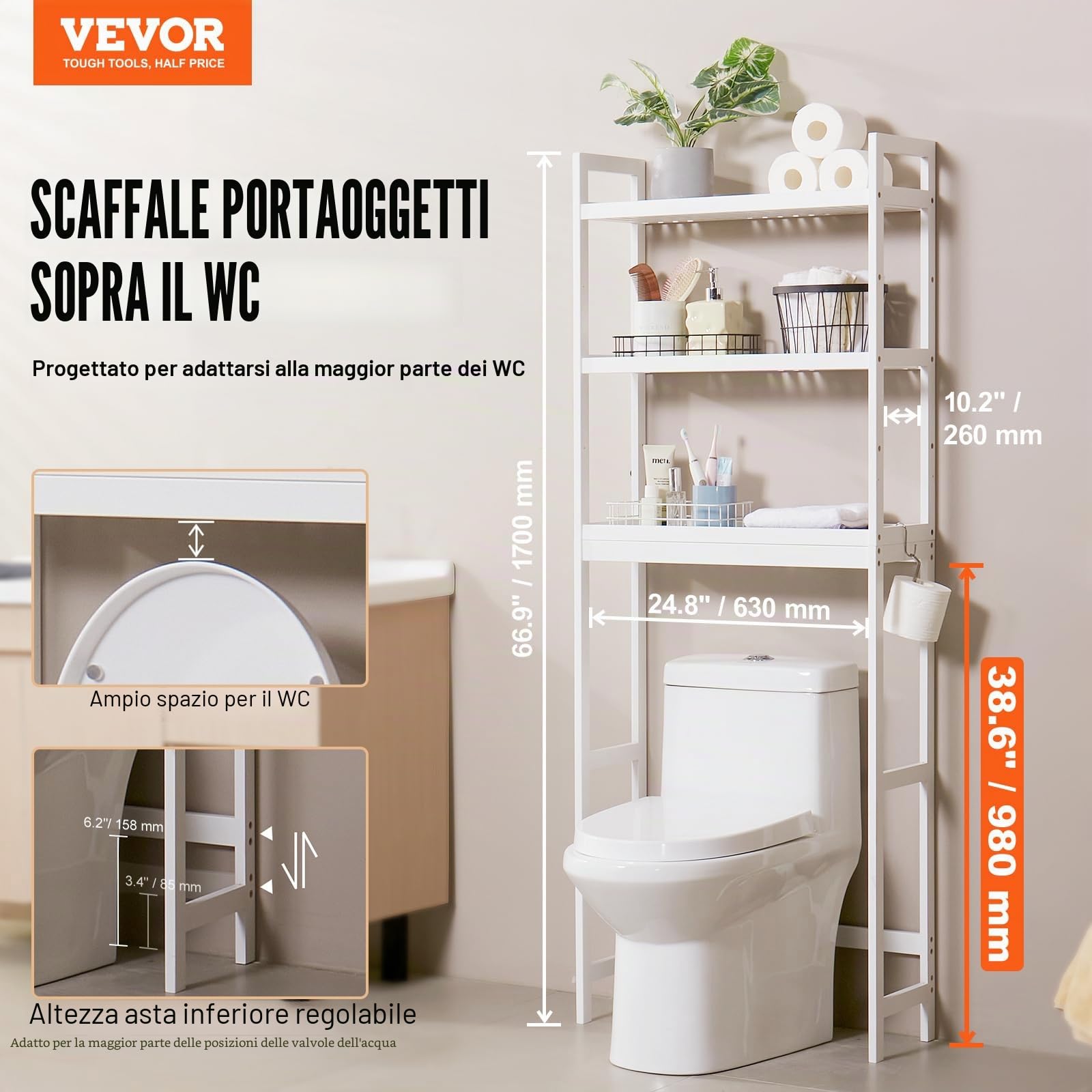 VEVOR Scaffale per WC, Mobile Portaoggetti Regolabile a 3 Ripiani sopra il WC, Mensola per Bagno con 3 Ganci, Organizzatore per Lavanderia, Si Adatta alla Maggior Parte dei WC, Bianco