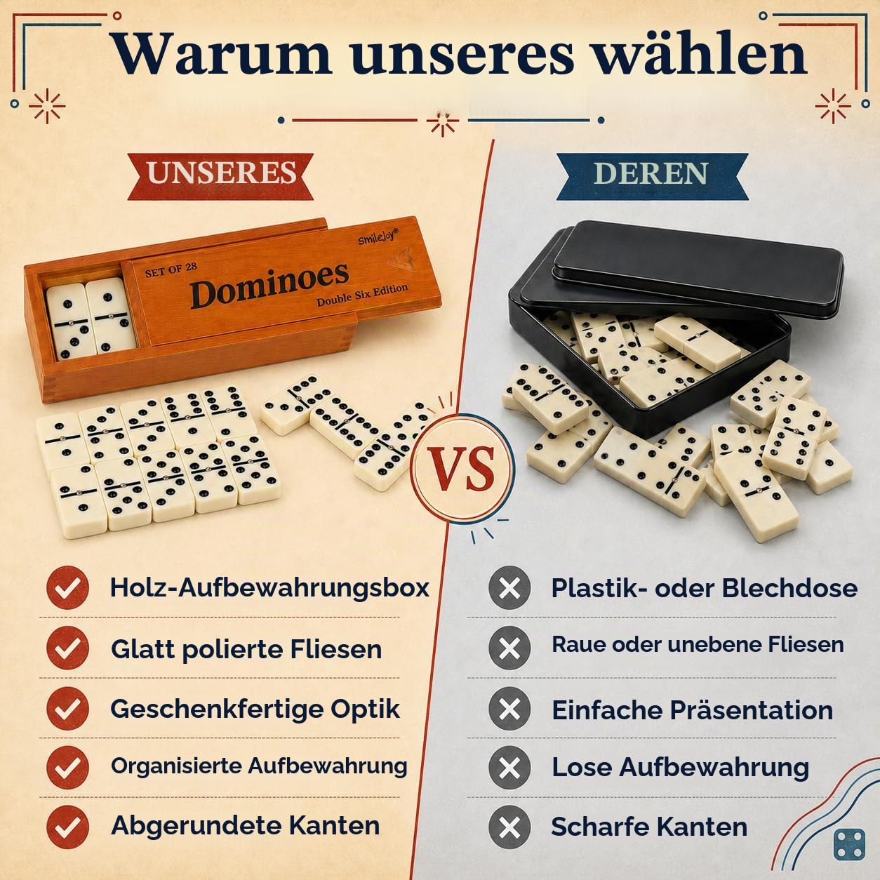 Smilejoy Dominos Set für Erwachsene -Jumbo Größe Dominos Doppel Sechs Edition- Klassische Brettspiele- Dicke Größe Doppel 6 Domino Set mit Deluxe Braun Holz Box, 28 Fliesen (2-4 Spieler)