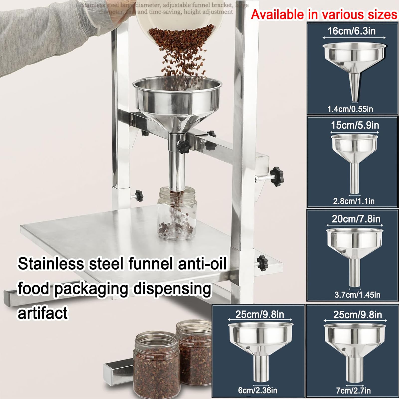Embudo de Dispensación de Gran Diámetro con Plataforma Elevadora | Doble Soporte, Base de Alta Capacidad de Carga, Tolva de Alimentación de Acero Inoxidable para Envasado de Polvos(1.4cm)