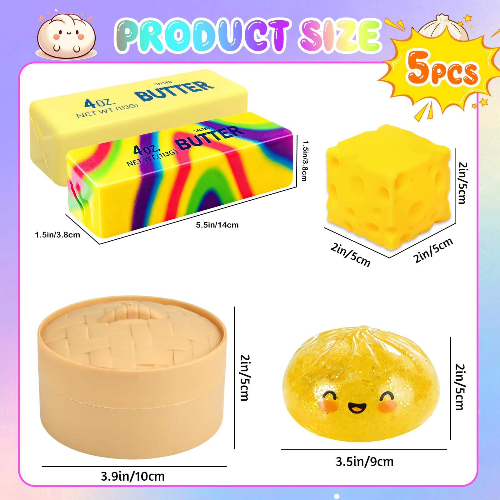 5 Pezzi Mystery Dumpling Bao Squishy, Butter Formaggio Squishy Set Palla Antistress Con Scatola Per Vapore Pasta Morbida Da Schiacciare Per Alleviare L'Ansia E Fidget Mano per Adulti