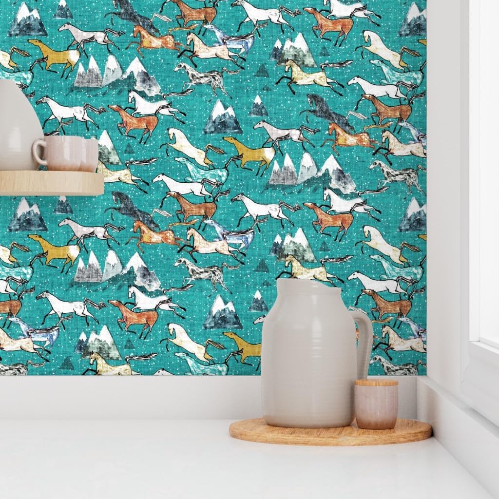Spoonflower Peel & Stick Wallpaper 3ft x 2ft - Wild Horses Teal Horse Mountain Cowboy Western Southwestern Australia Custom Removable Wallpaper