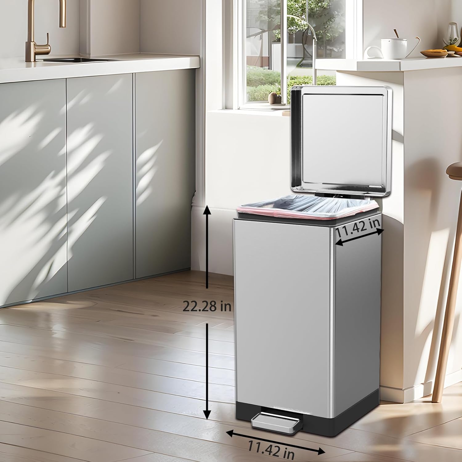 Kleen-Fit 7.9-Gallon 30 Liter Square Trash Can with Stainless Steel Foot Pedal, Heavy-Duty Garbage Can for Kitchen Home Office Living Room
