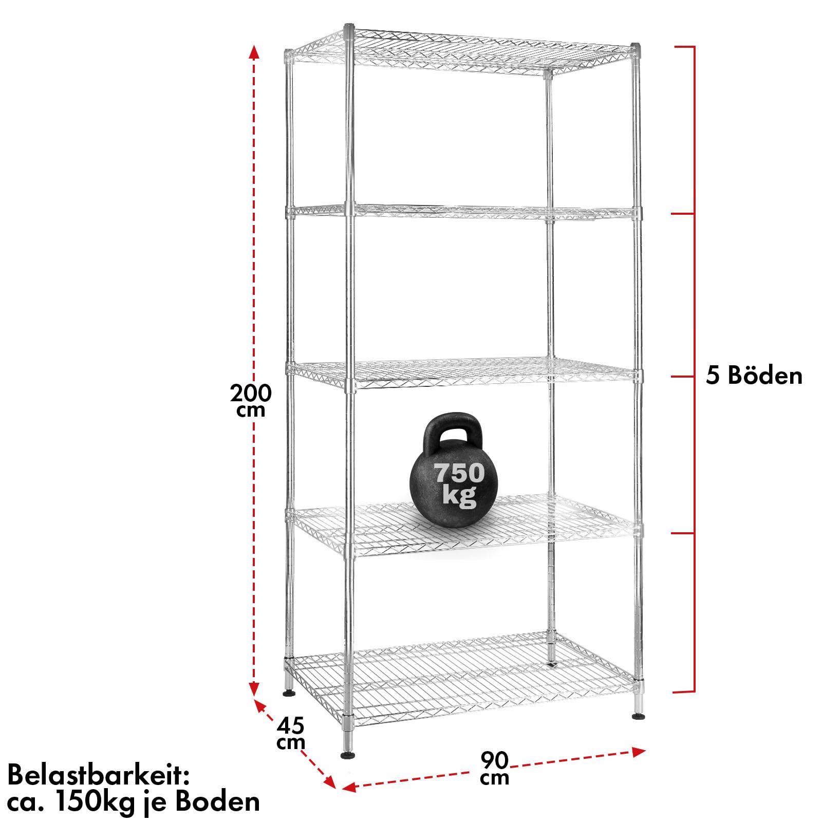 Estantería Himalaya | Estantería de Metal | Capacidad de Carga Aprox. 150 kg por Estante | Sistema de Almacenamiento Multifuncional | Cromado (90 x 45 x 200 cm | 5 estantes)
