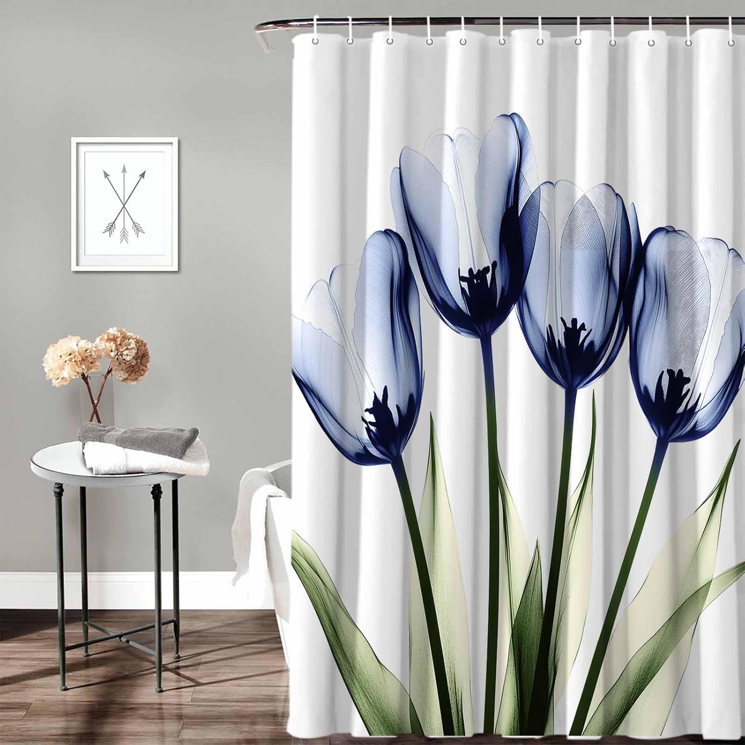 Blue Tulip Floral Shower Curtain Watercolor Flowers Modern Bathroom Curtain with Hooks Waterproof Fabric Bath Curtains Set 72x72 inch